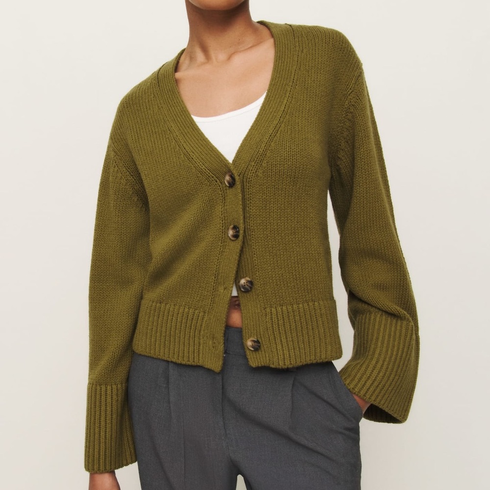 Reformation Olive Green Chunky Knit Button-Up Cardigan